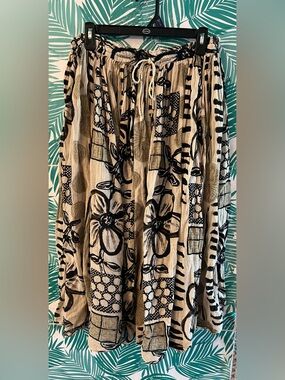 Just Class Boho Beige & black Floral cotton crinkled midi draw string Skirt Sz